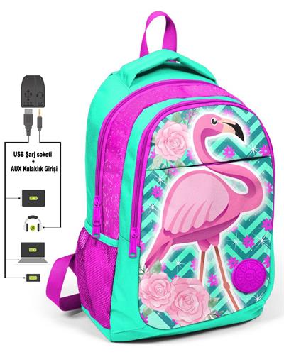 Flamingo İlk ve Ortaokul Sırt Çantası - USB ve AUX Çıkışlı