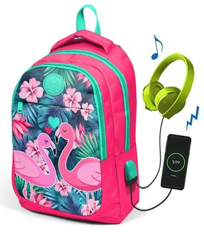 Flamingolar İlk ve Ortaokul Sırt Çantası - USB ve AUX Çıkışlı Pembe