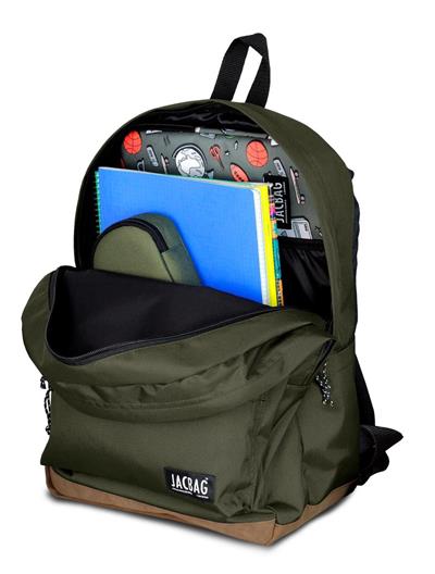 Jacbag Campus-Deri Tabanlı Üç Bölmeli Haki Yeşil Sırt Çantası (Okul, Günlük, Seyahat)