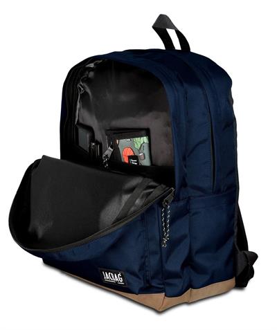 Jacbag Campus-Deri Tabanlı Üç Bölmeli Lacivert Sırt Çantası (Okul, Günlük, Seyahat)