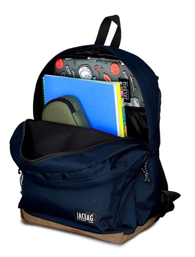 Jacbag Campus-Deri Tabanlı Üç Bölmeli Lacivert Sırt Çantası (Okul, Günlük, Seyahat)