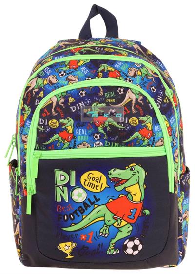 Kauıkko Kids Siyah Yeşil Dinazor Baskılı Erkek Çocuk Okul Çantası - L5266 - Dört Gözlü
