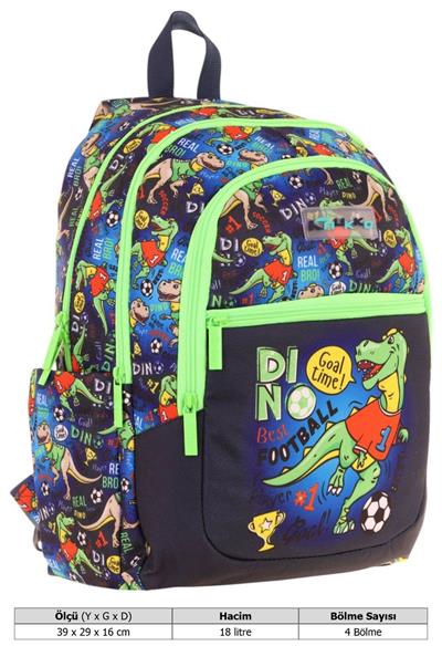 Kauıkko Kids Siyah Yeşil Dinazor Baskılı Erkek Çocuk Okul Çantası - L5266 - Dört Gözlü