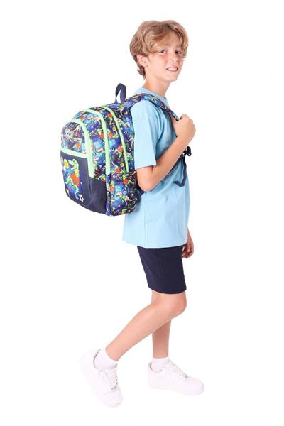 Kauıkko Kids Siyah Yeşil Dinazor Baskılı Erkek Çocuk Okul Çantası - L5266 - Dört Gözlü
