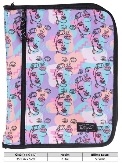Kaukko A - Forganizer Laptop, Tablet ve Kalemler İçin Dosya Çanta - Mor Siyah - Yüzler - K2345