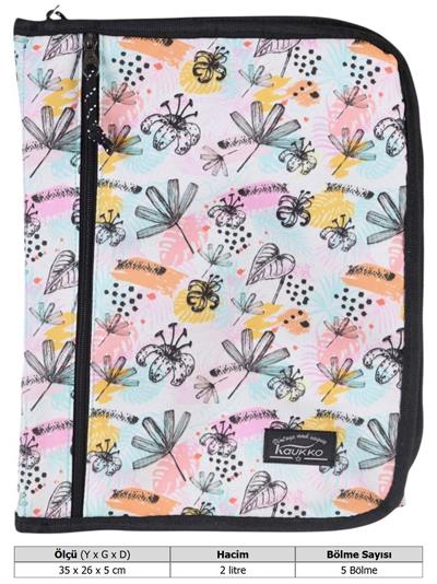 Kaukko A - Forganizer Laptop, Tablet ve Kalemler İçin Dosya Çanta - Siyah Pembe - Çiçekler - K2346