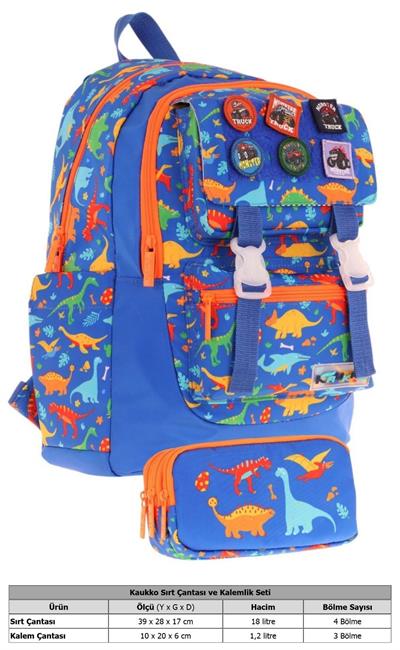 Kaukko Armalı Dinazor Desenli Okul Çantası + Kalemlik Seti (L5278+L8278) Erkek Çocuk - Mavi