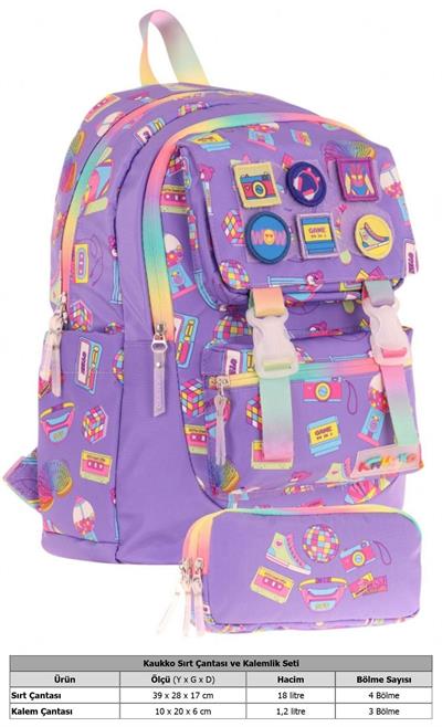 Kaukko Armalı Hobi Desenli Okul Çantası + Kalemlik Seti (L5238+L8238) Kız Çocuk - Mor