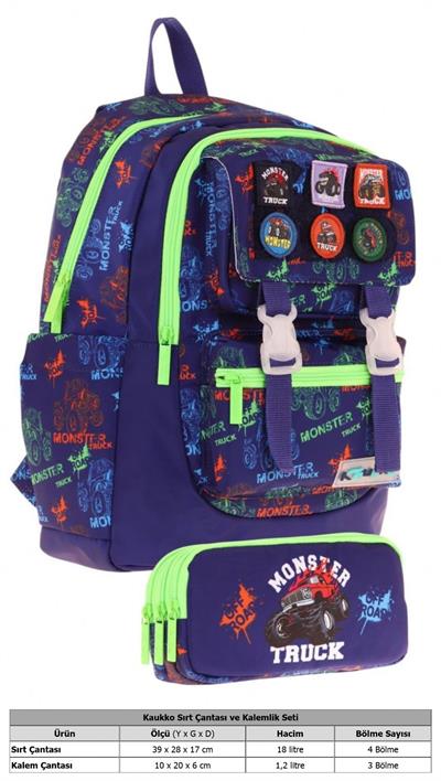 Kaukko Armalı Kamyon Desenli Okul Çantası + Kalemlik Seti (L5279+L8279) Erkek Çocuk - Lacivert Yeşil