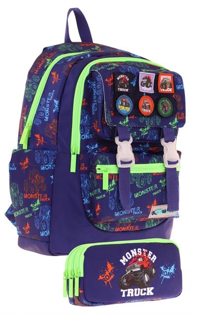 Kaukko Armalı Kamyon Desenli Okul Çantası + Kalemlik Seti (L5279+L8279) Erkek Çocuk - Lacivert Yeşil