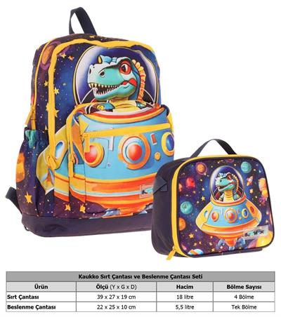 Kaukko Astronot Dinazor Baskılı Erkek Çocuk Okul Çantası ve Thermo Beslenme Çantası Seti - Mavi Sarı (L5273+L7273)
