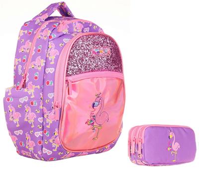 Kaukko Aynalı Taşlı Flamingo Okul Sırt Çantası ve Kalemlik Seti - Kız Çocuk
