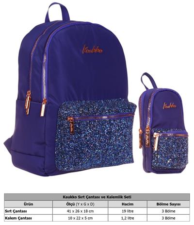Kaukko Bright Kız Çocuk Taşlı Lacivert Okul Çantası ve Çanta Şekilli Kalemlik Seti