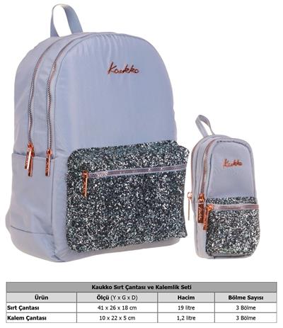 Kaukko Bright Kız Çocuk Taşlı Mavi Okul Çantası ve Çanta Şekilli Kalemlik Seti
