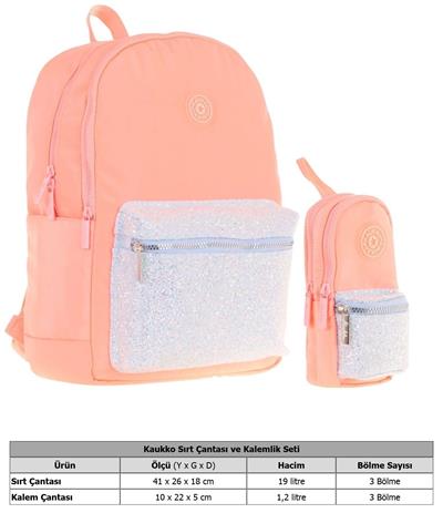 Kaukko Bright Kız Çocuk Taşlı Somon Okul Çantası ve Çanta Şekilli Kalemlik Seti