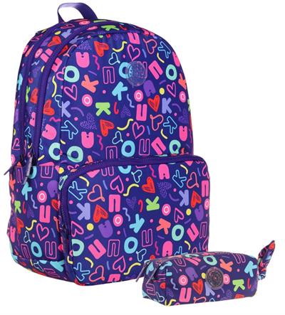 Kaukko Brokar Kalp ve Kaukko Baskılı Lacivert Kız Çocuk Okul Çantası ve Kalemlik Seti