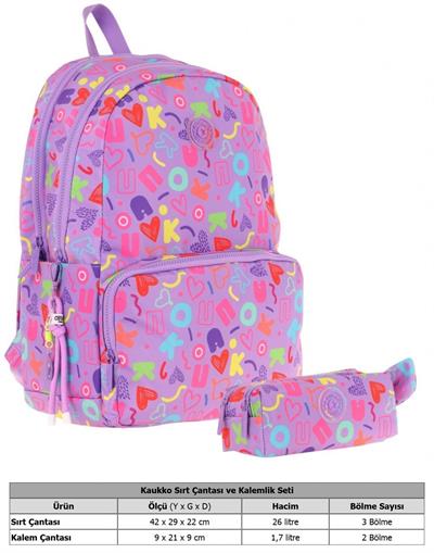 Kaukko Brokar Kalp ve Kaukko Baskılı Mor Kız Çocuk Okul Çantası ve Kalemlik Seti