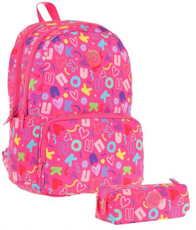 Kaukko Brokar Kalp ve Kaukko Baskılı Pembe Kız Çocuk Okul Çantası ve Kalemlik Seti