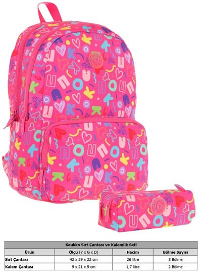 Kaukko Brokar Kalp ve Kaukko Baskılı Pembe Kız Çocuk Okul Çantası ve Kalemlik Seti