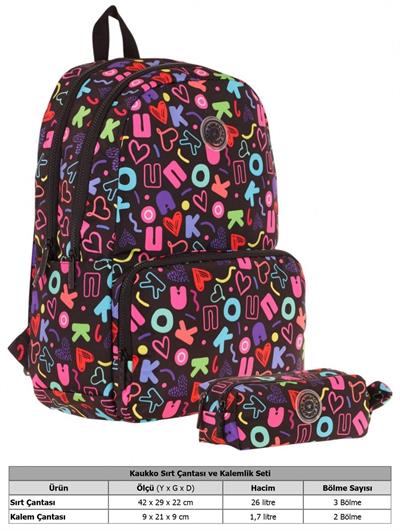 Kaukko Brokar Kalp ve Kaukko Baskılı Siyah Kız Çocuk Okul Çantası ve Kalemlik Seti