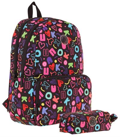 Kaukko Brokar Kalp ve Kaukko Baskılı Siyah Kız Çocuk Okul Çantası ve Kalemlik Seti