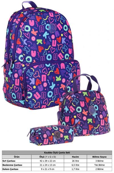 Kaukko Brokar Üçlü Okul Çanta Seti - Lacivert - Kalp ve Kaukko Baskılı - Kız Çocuk