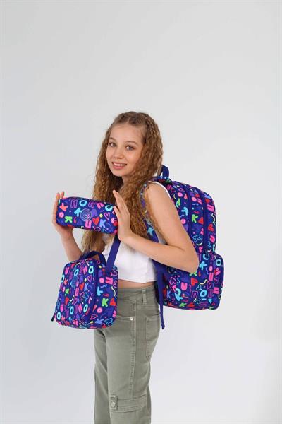 Kaukko Brokar Üçlü Okul Çanta Seti - Lacivert - Kalp ve Kaukko Baskılı - Kız Çocuk