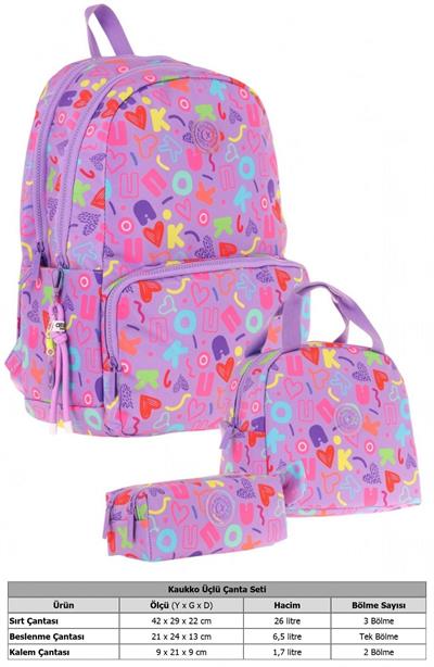 Kaukko Brokar Üçlü Okul Çanta Seti - Mor - Kalp ve Kaukko Baskılı - Kız Çocuk