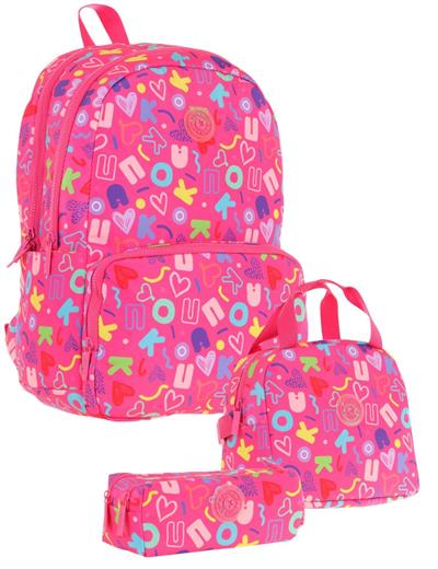 Kaukko Brokar Üçlü Okul Çanta Seti - Pembe - Kalp ve Kaukko Baskılı - Kız Çocuk