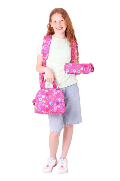 Kaukko Brokar Üçlü Okul Çanta Seti - Pembe - Kalp ve Kaukko Baskılı - Kız Çocuk