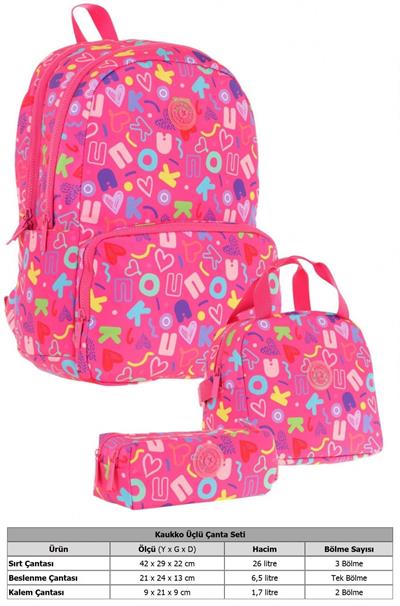 Kaukko Brokar Üçlü Okul Çanta Seti - Pembe - Kalp ve Kaukko Baskılı - Kız Çocuk