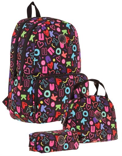 Kaukko Brokar Üçlü Okul Çanta Seti - Siyah - Kalp ve Kaukko Baskılı - Kız Çocuk