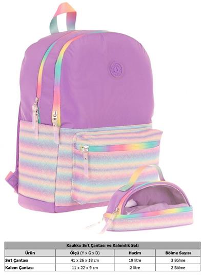 Kaukko Brush Okul Çantası ve İki Bölmeli Kalemlik Seti - Kız çocuk - Mor Çok Renkli - K1822+K2733