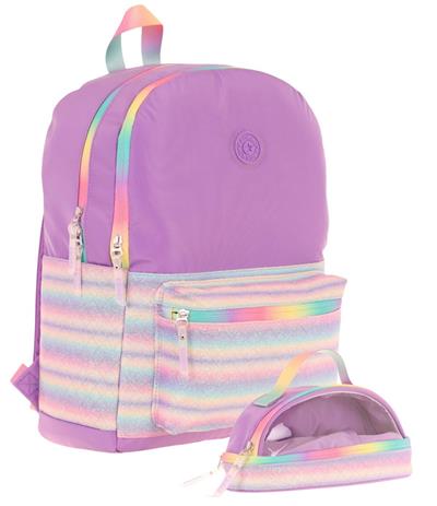 Kaukko Brush Okul Çantası ve İki Bölmeli Kalemlik Seti - Kız çocuk - Mor Çok Renkli - K1822+K2733