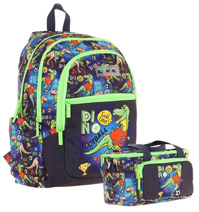 Kaukko Çanta Dinazor Desenli Erkek Çocuk Siyah Yeşil Okul Çantası ve Thermo Beslenme Çantası Takımı (L5266+L7266)