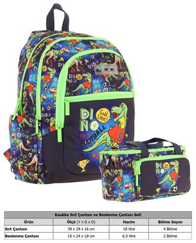 Kaukko Çanta Dinazor Desenli Erkek Çocuk Siyah Yeşil Okul Çantası ve Thermo Beslenme Çantası Takımı (L5266+L7266)