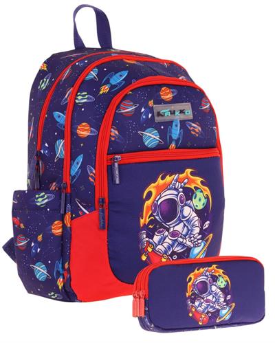 Kaukko Çanta Erkek Çocuk Astronot Baskılı Baskılı Okul Çantası ve Kalem Kutusu Seti (L5267+KK-L8267) - Lacivert Kırmızı