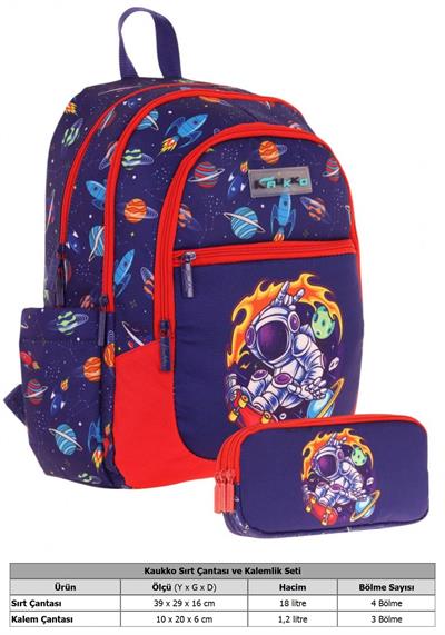 Kaukko Çanta Erkek Çocuk Astronot Baskılı Baskılı Okul Çantası ve Kalem Kutusu Seti (L5267+KK-L8267) - Lacivert Kırmızı