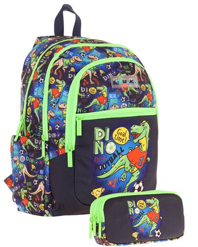 Kaukko Çanta Erkek Çocuk Dinazor Desenli Baskılı Okul Çantası ve Kalem Kutusu Seti (L5266+KK-L8266) - Siyah Yeşil