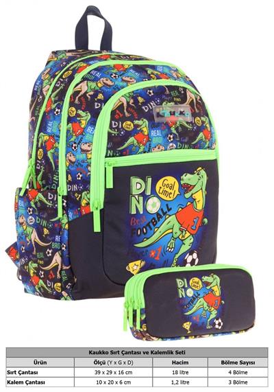 Kaukko Çanta Erkek Çocuk Dinazor Desenli Baskılı Okul Çantası ve Kalem Kutusu Seti (L5266+KK-L8266) - Siyah Yeşil