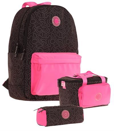 Kaukko Çizgi Desenli Siyah Fuşya Kız Çocuk Üçlü Okul Çanta Seti