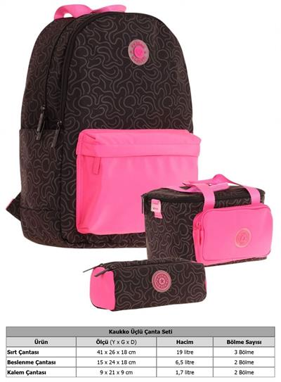 Kaukko Çizgi Desenli Siyah Fuşya Kız Çocuk Üçlü Okul Çanta Seti