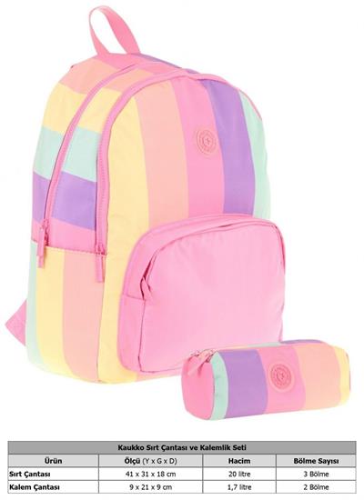 Kaukko Çizgili Pembe Çok Renkli Kız Çocuk Okul Çantası ve Kalemlik Seti (KK - K1802+KK - K2713)