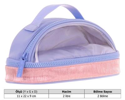 Kaukko Crescent Taşıma Saplı Kız Çocuk İki Gözlü Kalemlik - Mavi Pembe, Şeffaf Cepli - K2726