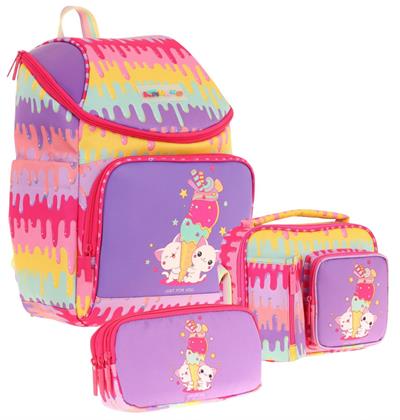 Kaukko (Dondurma Baskılı - Sarı Mor) Kız Çocuk İki Bölmeli Okul Çanta Seti (Üçlü)