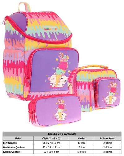 Kaukko (Dondurma Baskılı - Sarı Mor) Kız Çocuk İki Bölmeli Okul Çanta Seti (Üçlü)