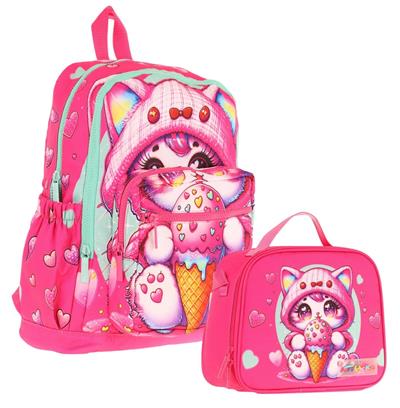 Kaukko Dondurma Yiyen Kedi Baskılı Kız Çocuk Okul Çantası ve Thermo Beslenme Çantası Seti - Pembe (L5250+L7250)