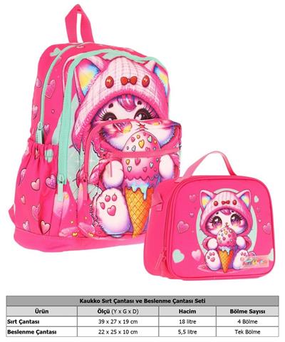 Kaukko Dondurma Yiyen Kedi Baskılı Kız Çocuk Okul Çantası ve Thermo Beslenme Çantası Seti - Pembe (L5250+L7250)