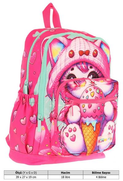 Kaukko Dört Bölmeli (Kız Çocuk - Pembe - Dondurma Yiyen Kedi) - İlkokul Okul Sırt Çantası - L5250