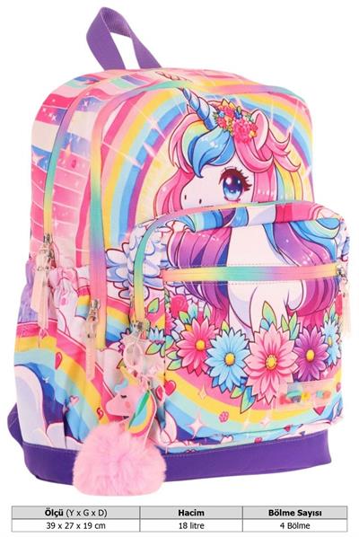 Kaukko Dört Bölmeli (Kız Çocuk - Pembe Mor - Unicorn Baskılı) - İlkokul Okul Sırt Çantası - L5249